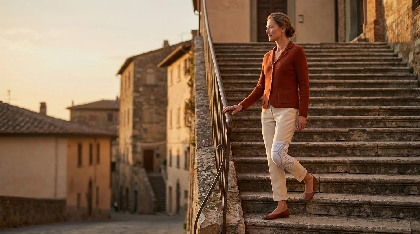 Woman wearing a Chipaki knee brace walking down old stone steps at sunset