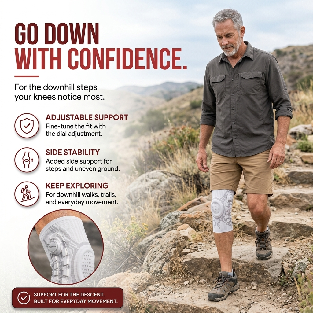 Hiker wearing a Chipaki knee brace on a descending rocky trail