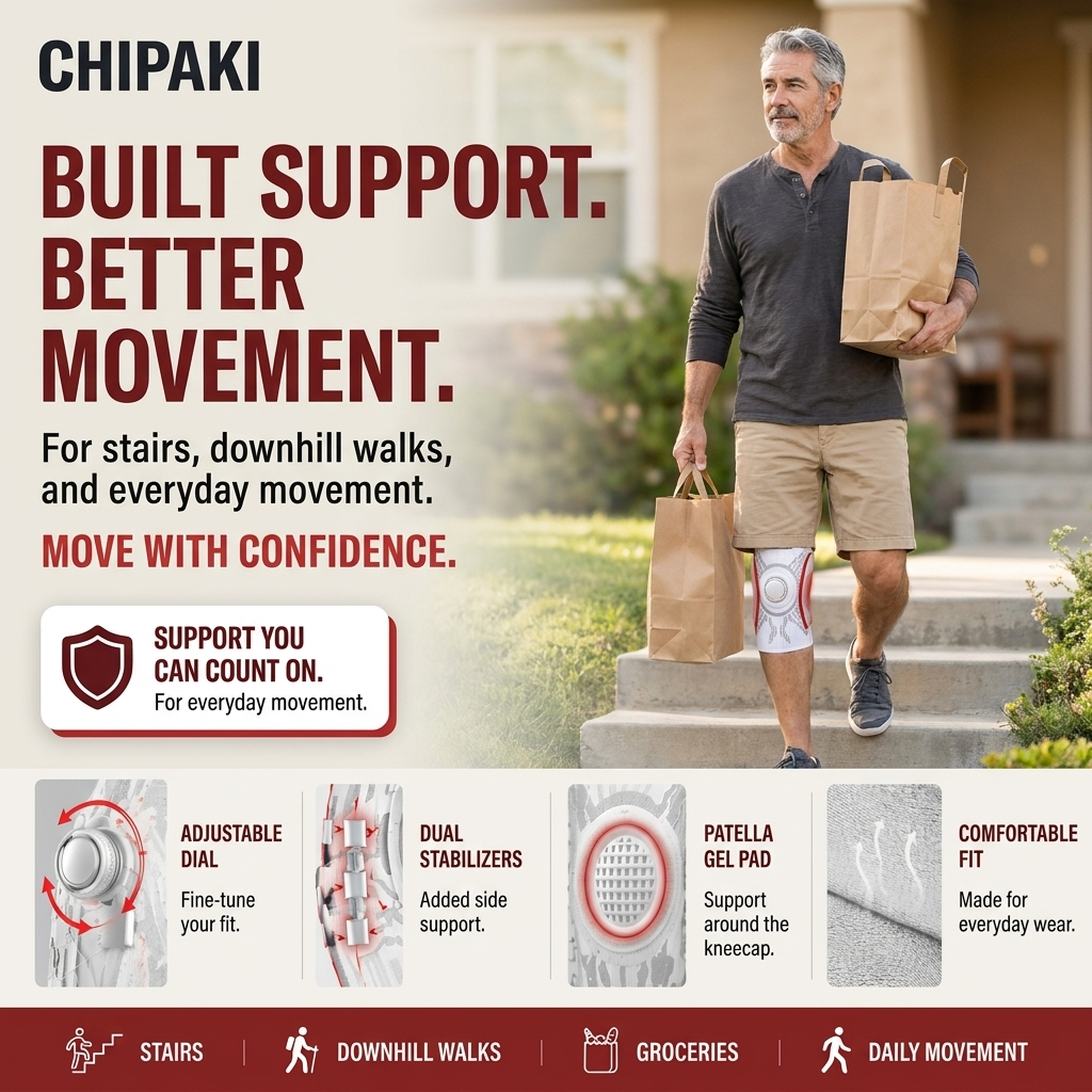 Chipaki knee brace worn while carrying groceries down steps, with adjustable dial, dual stabilizers, patella gel pad, and comfortable fit features