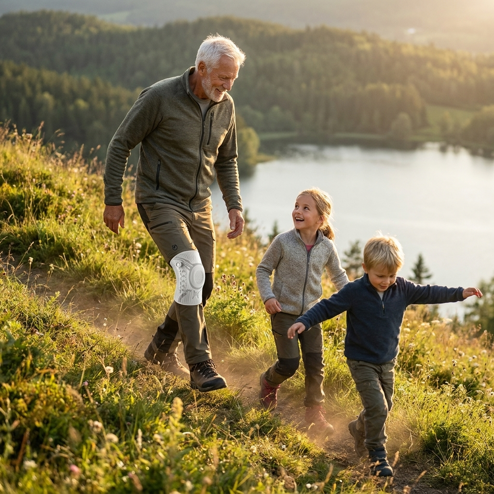 Man wearing a Chipaki knee brace walking outdoors with two children