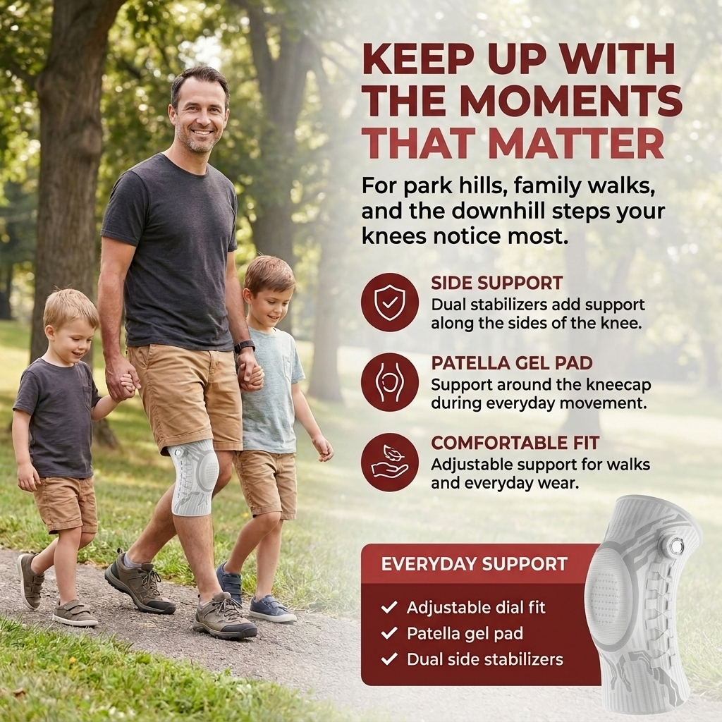 Father wearing a Chipaki knee brace while walking with his children