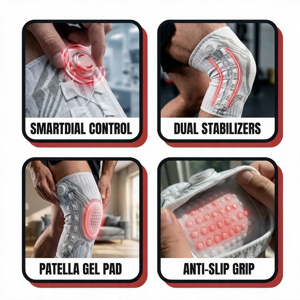 Chipaki knee brace features: SmartDial Control, Dual Stabilizers, Patella GEL Pad, and Anti-Slip Grip