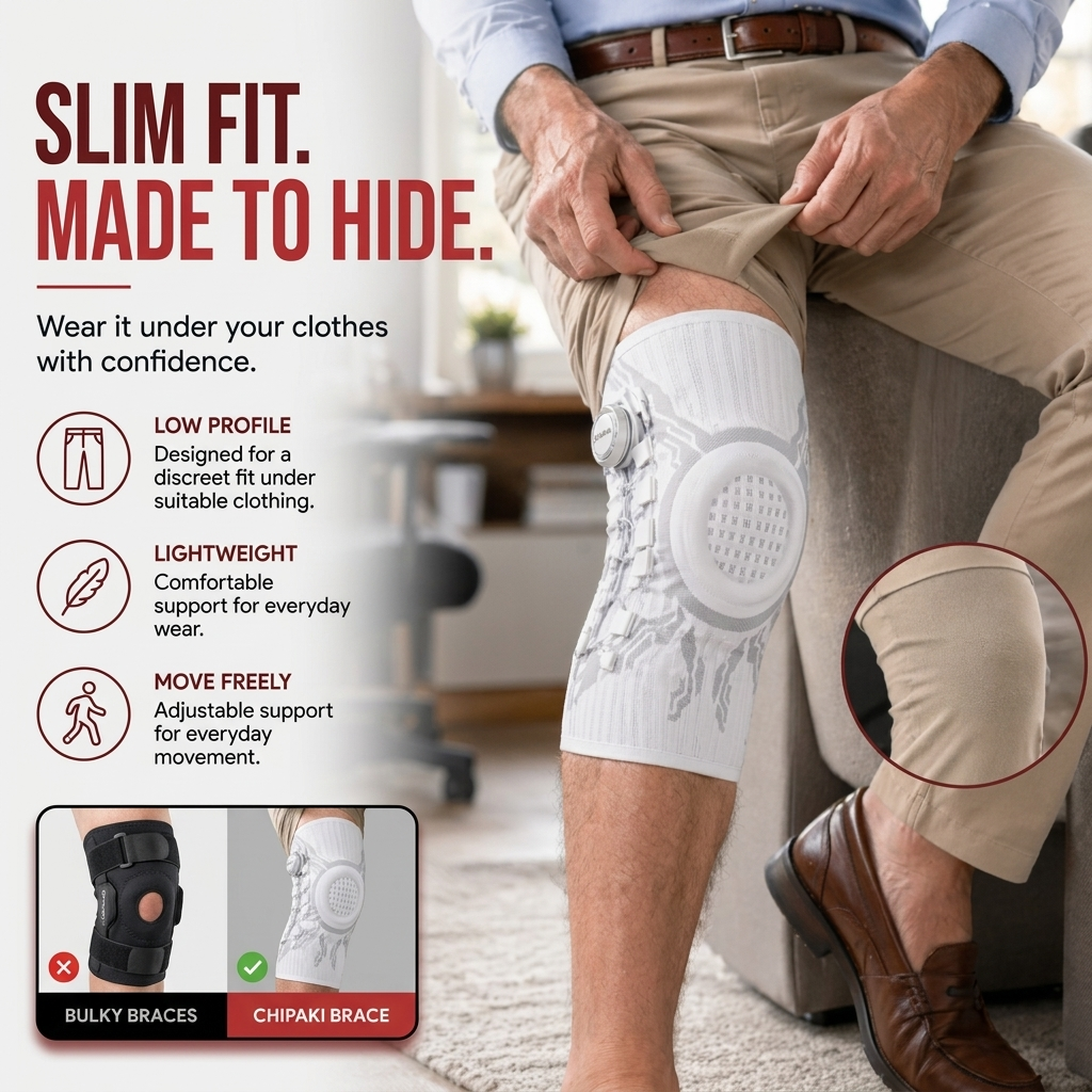 Chipaki white knee brace beneath lifted trousers, with slim-fit features and a comparison to a bulkier brace