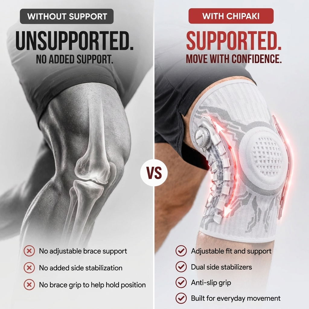 Comparison of a knee without added support and a knee wearing a Chipaki brace