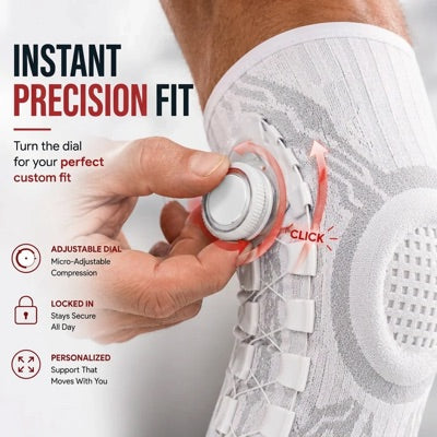 Hand turning the dial on a white Chipaki knee brace: Instant precision fit