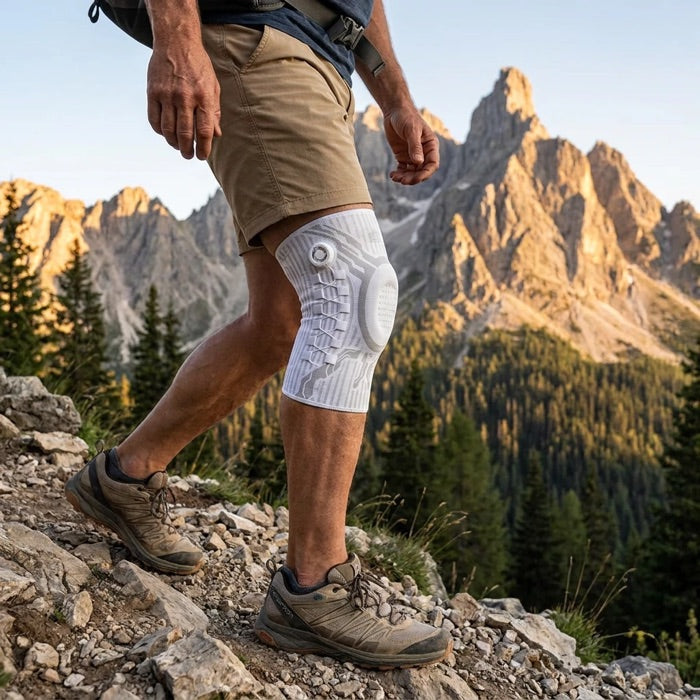 Walking down a mountain trail wearing the Chipaki knee brace