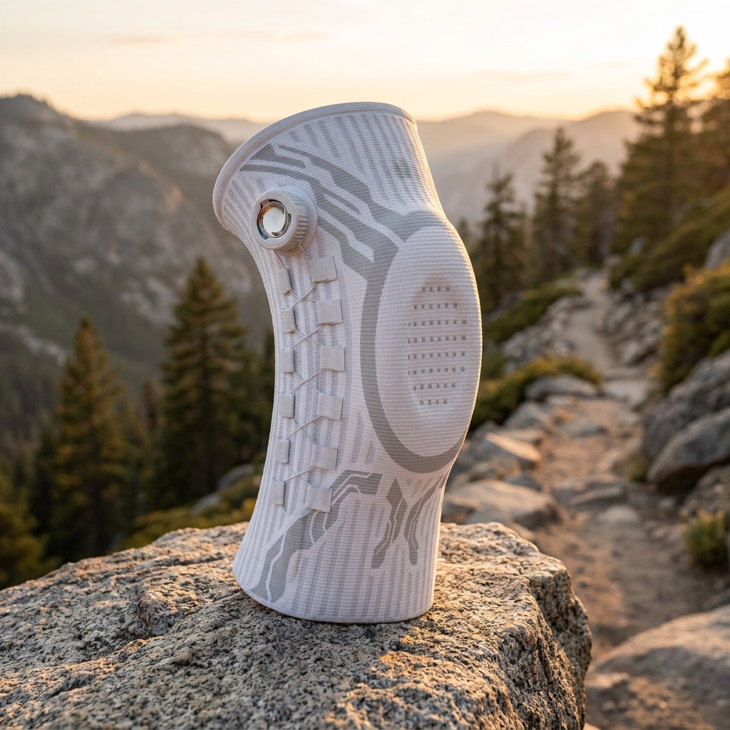 White Chipaki knee brace with its dial, standing on a rock above a mountain trail